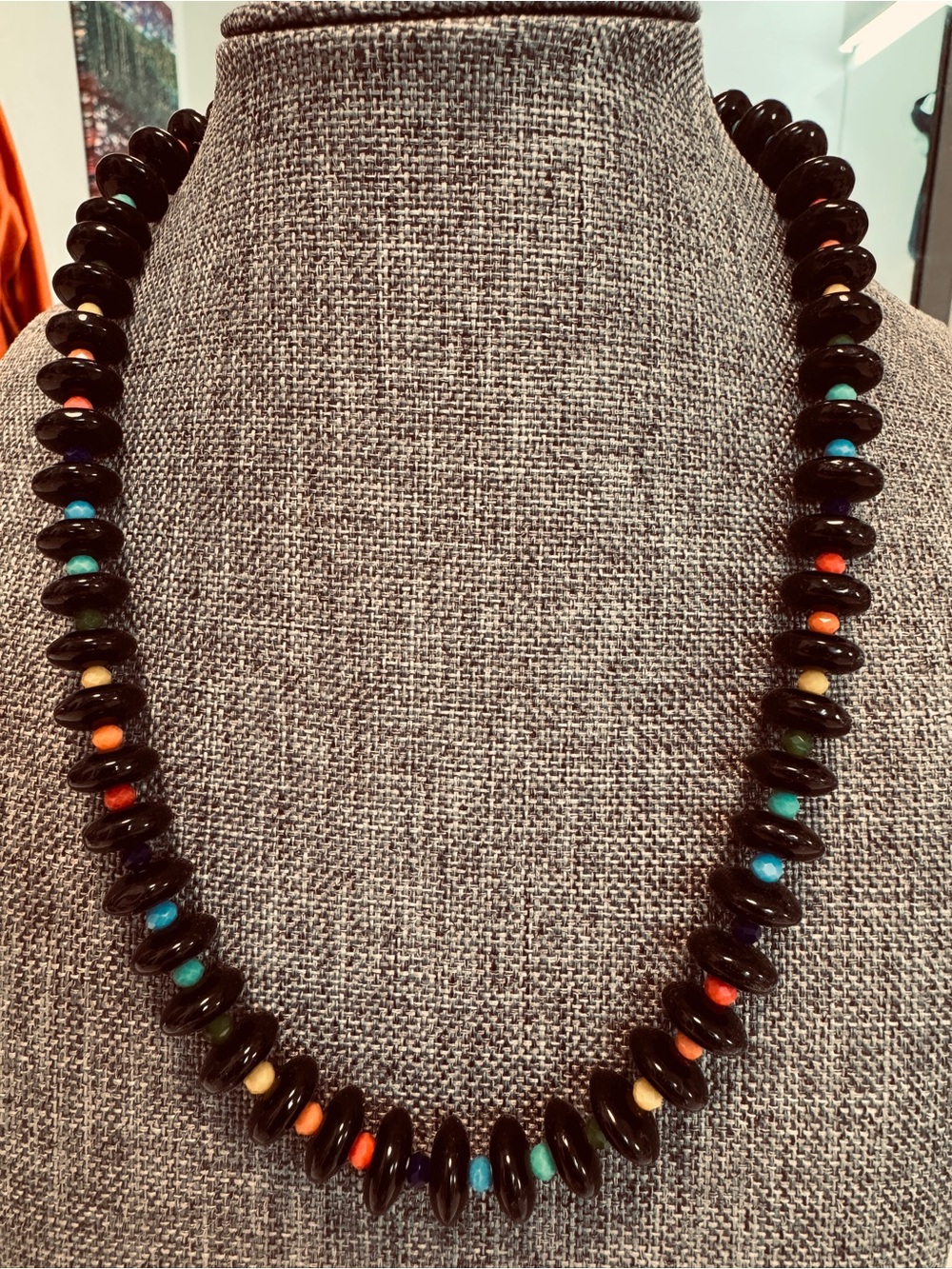 Black Glass Bead Necklace with Multicolor Accent Beads